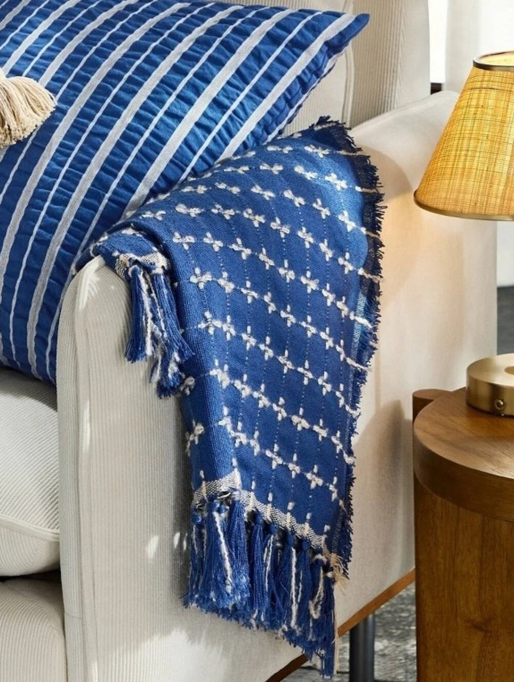 New! Shabby Hearth &Hand Blue Woven Throw Blanket Fringe Cottagecore Y2K Plaid